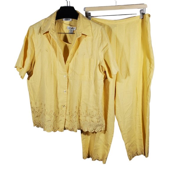 3pc Pant Set Pastel Yellow Linen Blend Casual-Suit Embroidered Floral VTG 90s - Picture 1 of 12